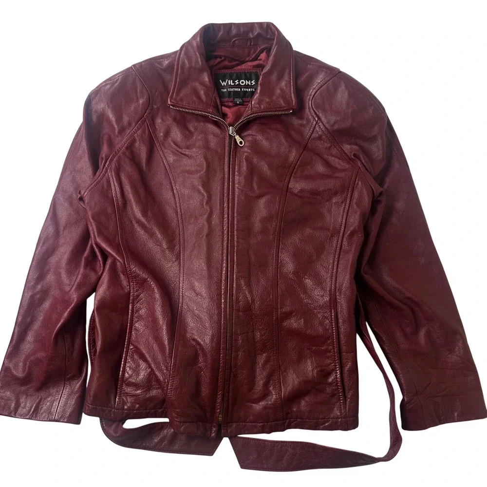 Wilsons Leather Jacket Womens Small Burgundy Zip Belted Outdoor Moto RN69426
